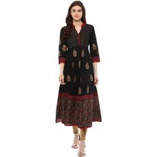 Riya Black Cotton Hand Block Printed Anarkali